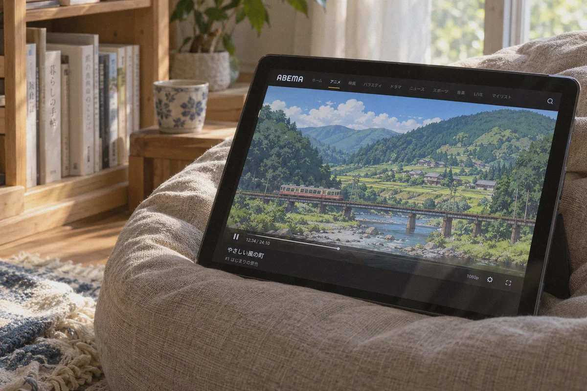 Tablet displaying an anime channel in a reading nook.