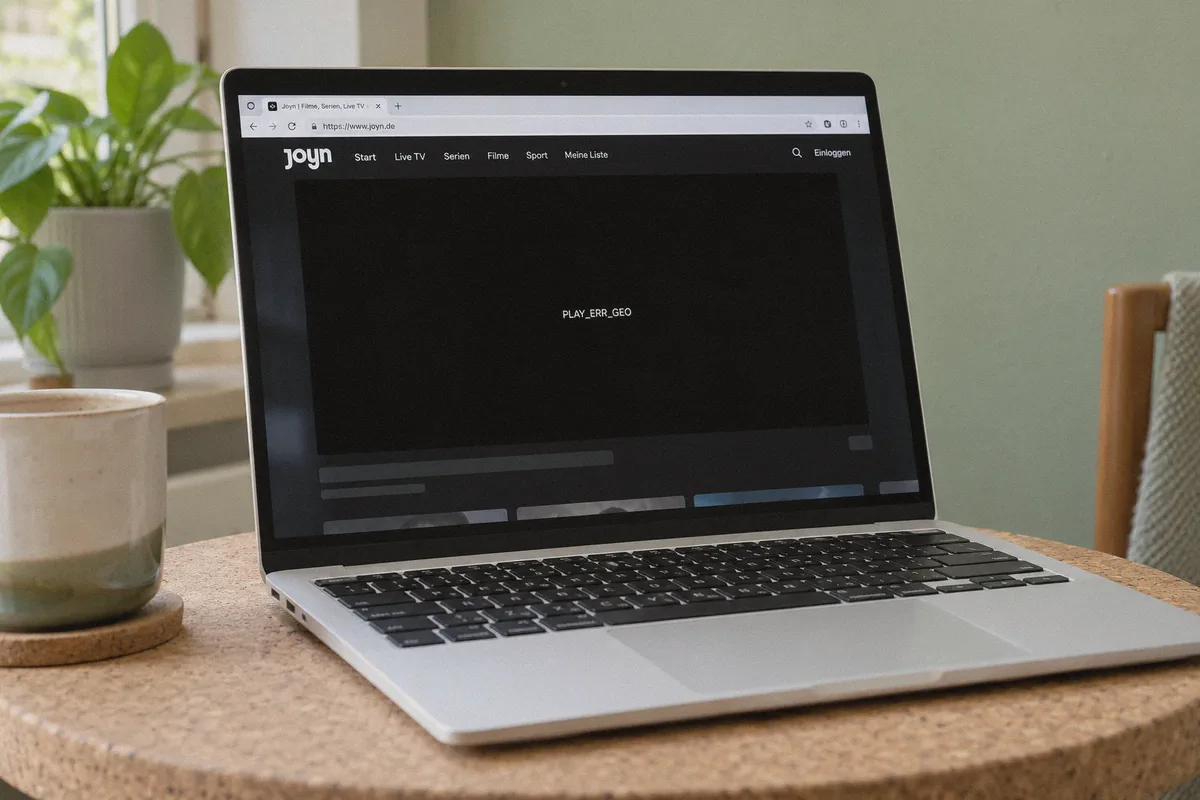 Joyn video player displaying PLAY_ERR_GEO on a laptop.