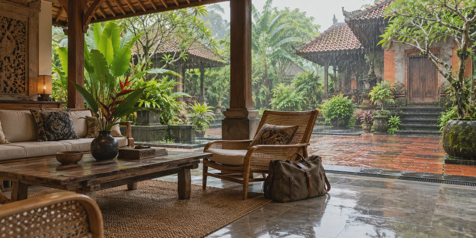 An open-sided Balinese guesthouse lounge overlooking tropical rain and a red tiled courtyard.
