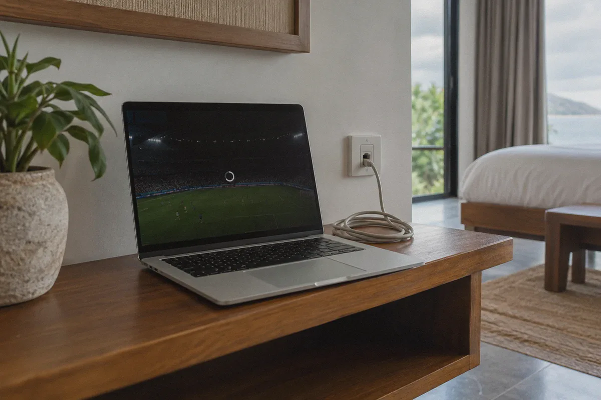 A silver notebook computer on a low teak shelf in a holiday room.