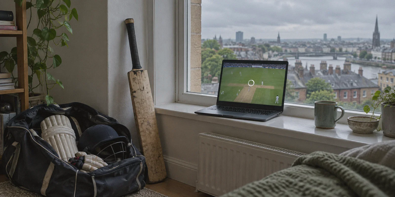 A cricket stream buffers on a notebook beside a cricket kit.