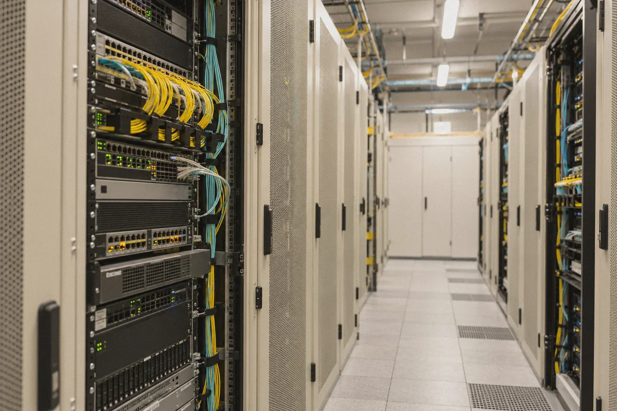 Physical server racks and network cabling in a hosting facility.