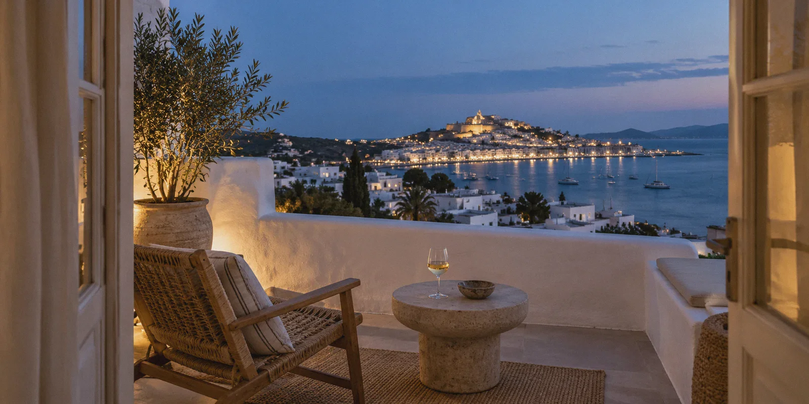 Ibiza balcony overlooking the Mediterranean at dusk.
