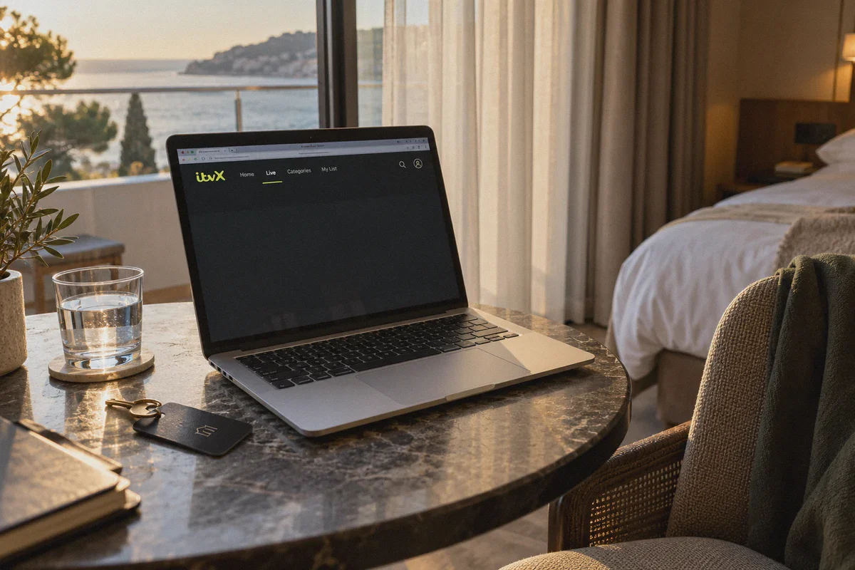 Laptop prepared for live streaming in a hotel room.