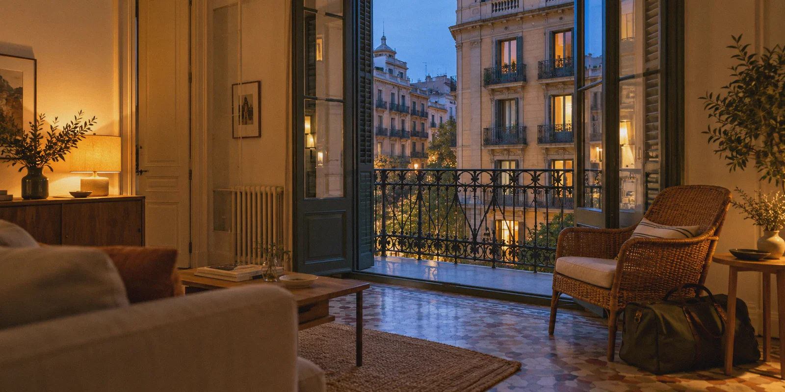 Quiet Barcelona holiday apartment at blue hour.