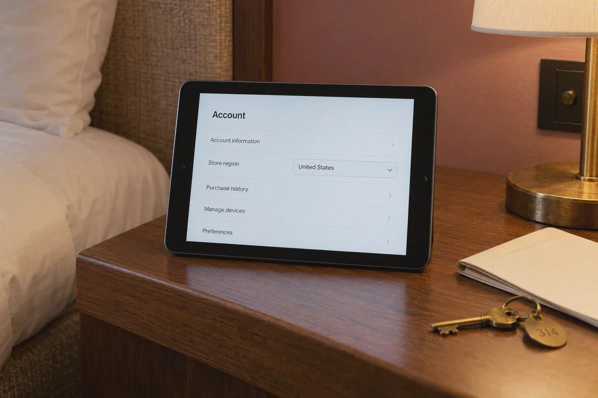Tablet showing a store-region setting beside a hotel notepad.