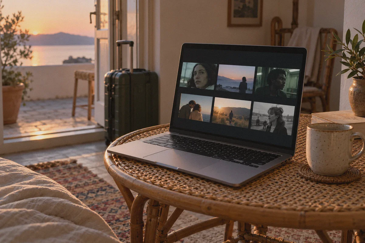 MUBI film catalog on a travel laptop.