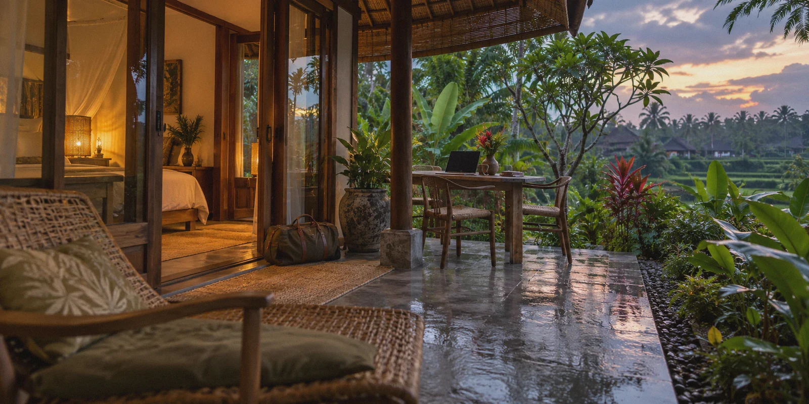 Guesthouse veranda and travel workspace in Bali.