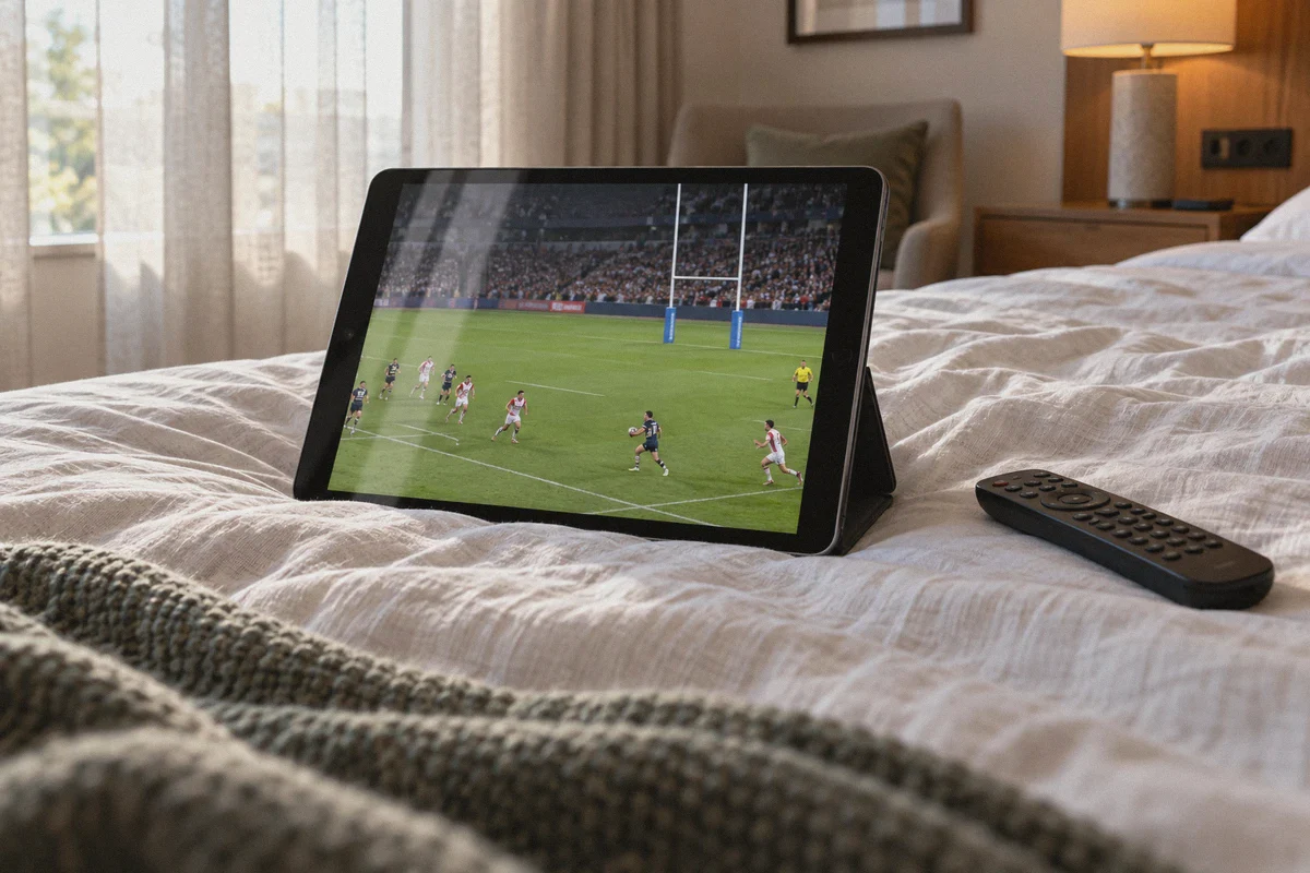 Rugby league broadcast on a tablet in a hotel room.