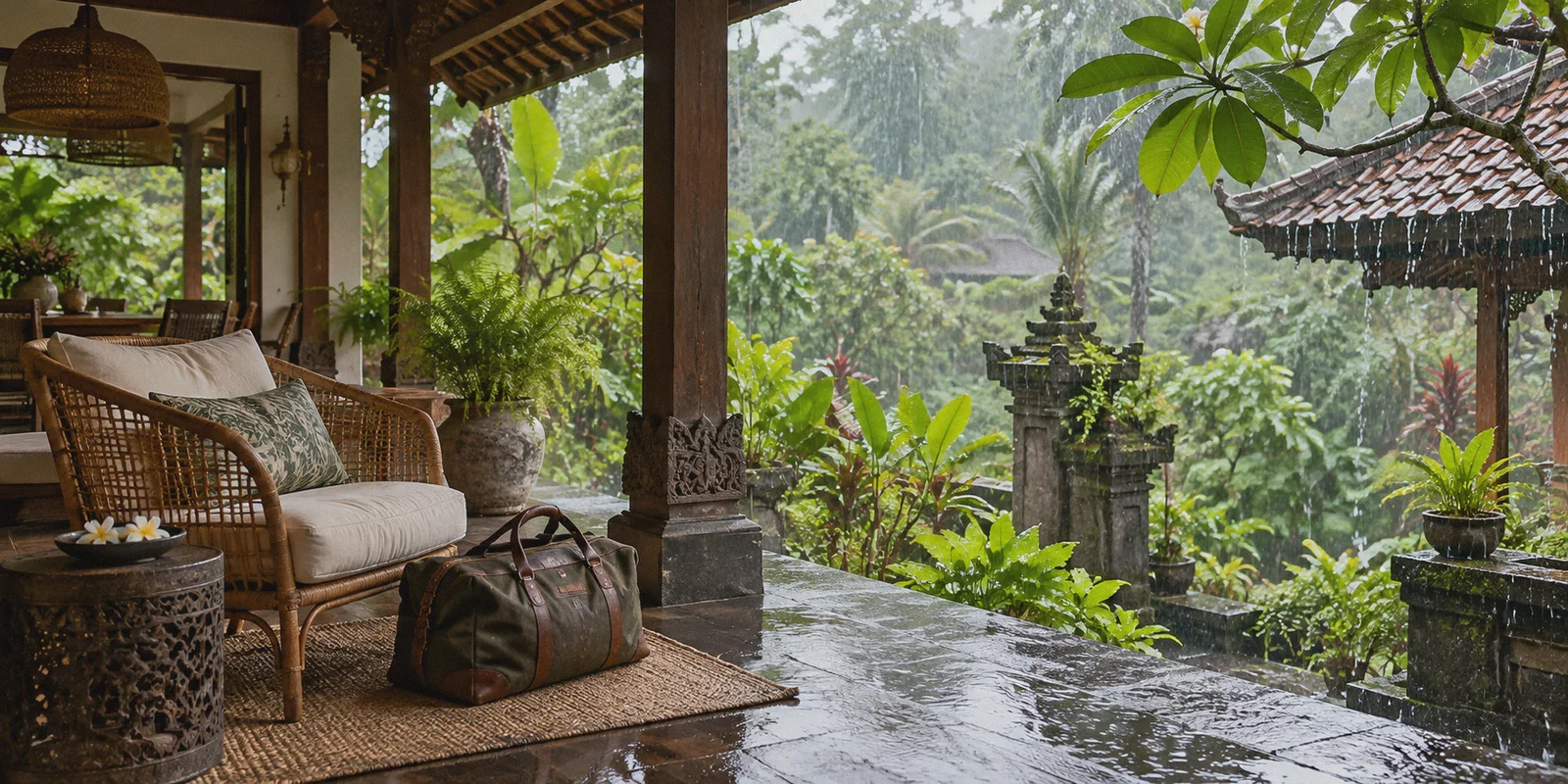 A rain-soaked guesthouse veranda in Bali.