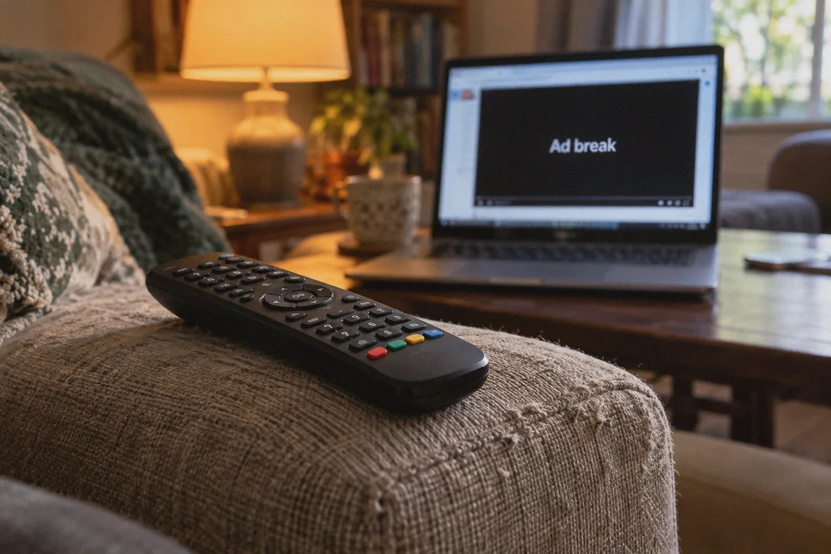 A close view of a television remote on a worn linen armrest.