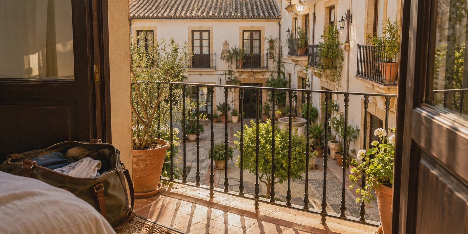 A Spanish hotel balcony overlooking a tiled courtyard.