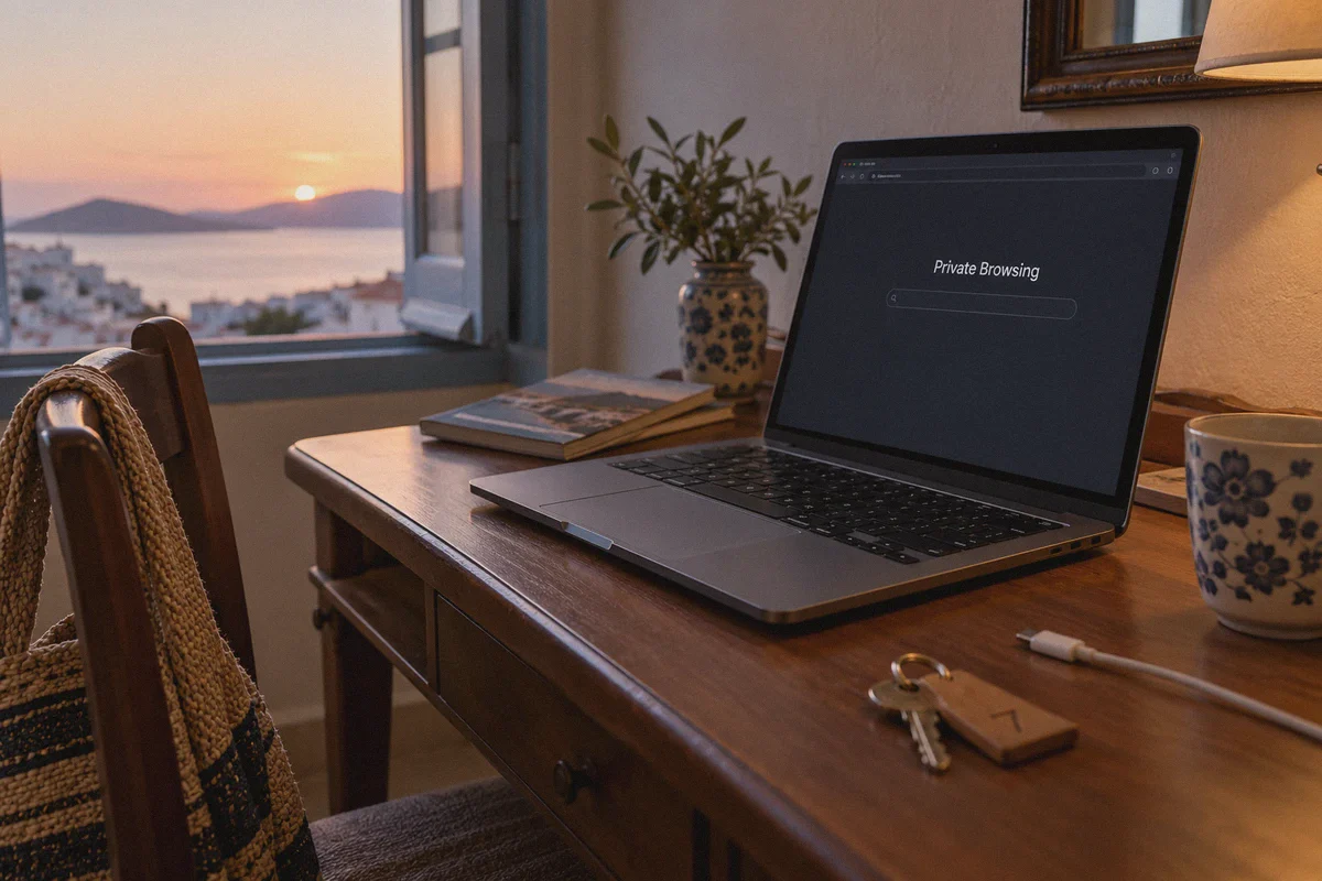 Private browser window on a travel laptop.