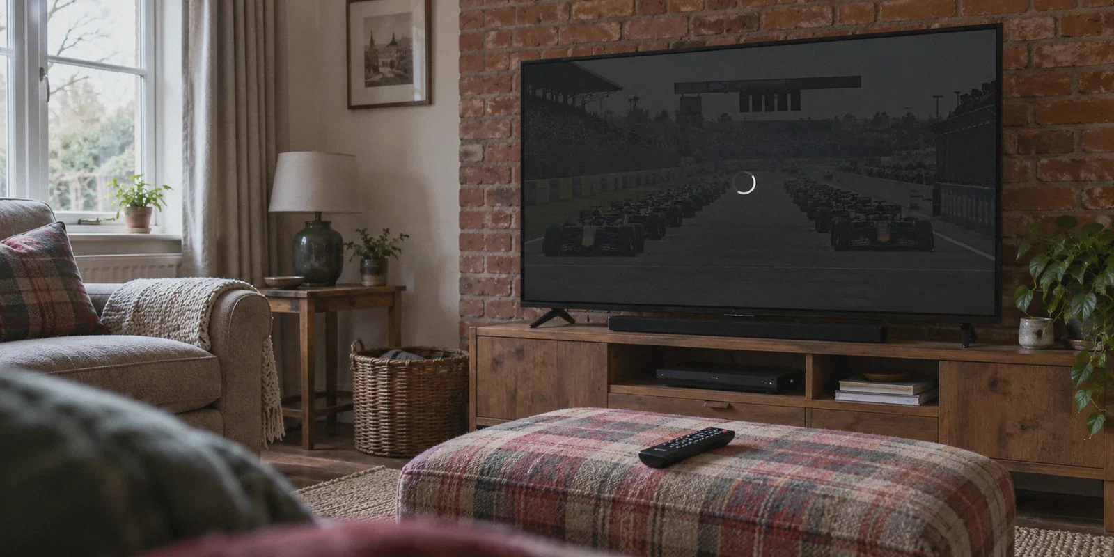 A live motor-racing stream buffering on a living-room television.