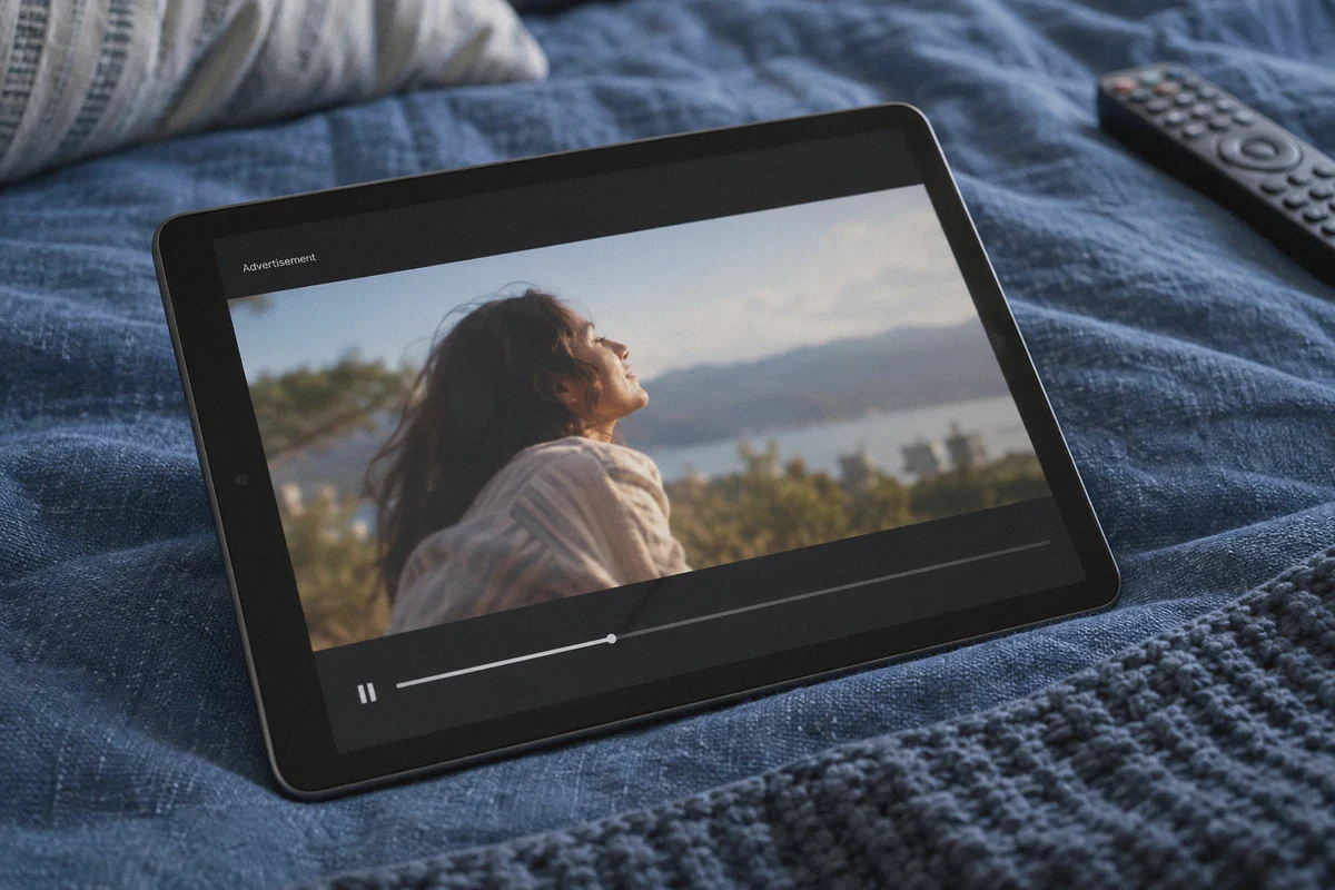 A tablet playing a pre-roll advertisement.