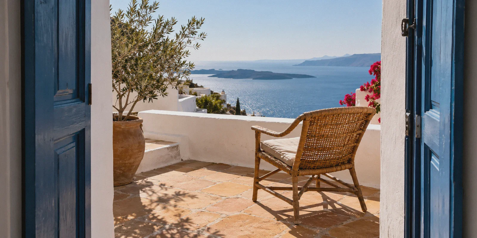 A Greek island holiday balcony with whitewashed walls.