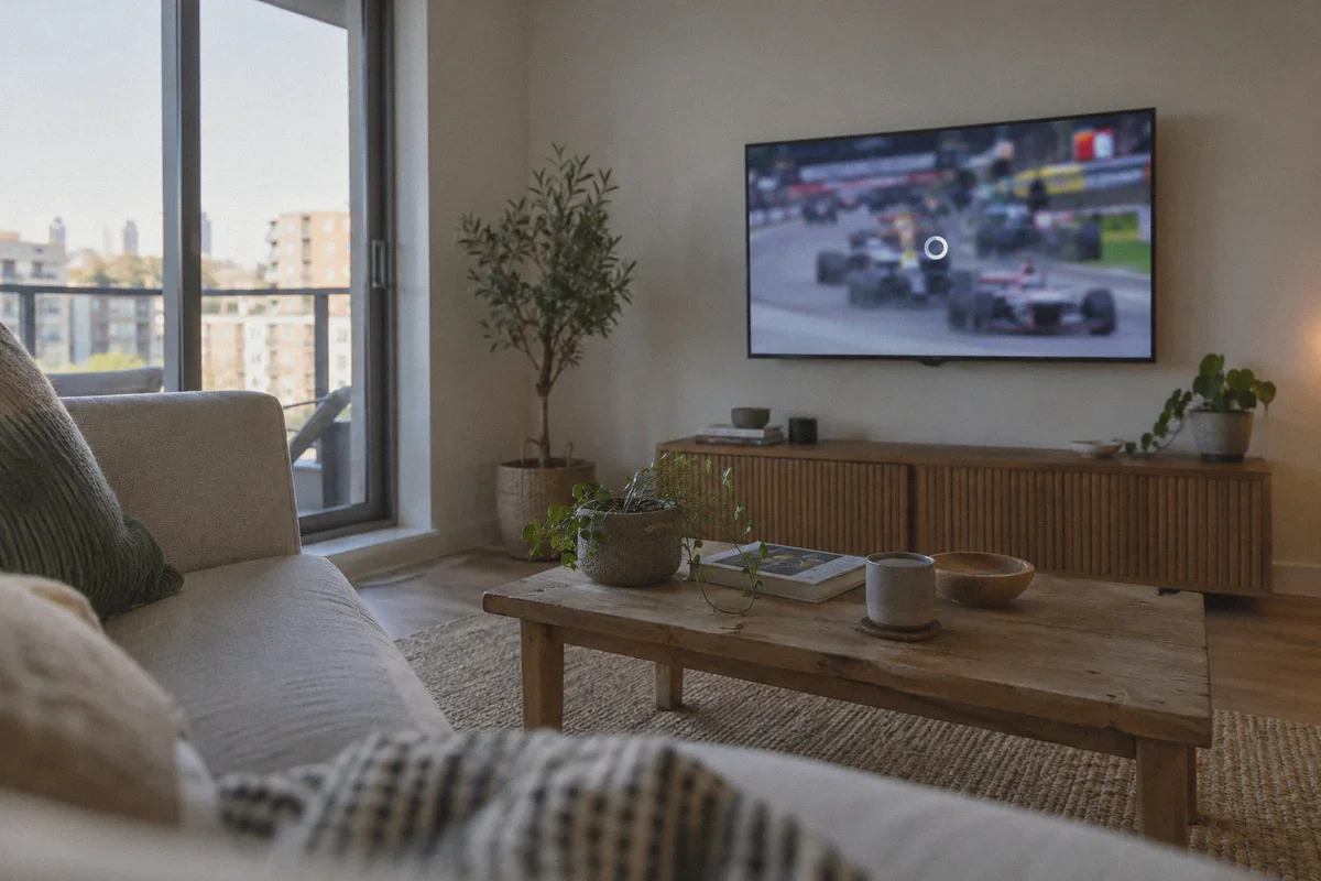 A small unbranded television on a rental apartment wall showing a naturally soft out-of-focus motor racing scene and a small loading ring.