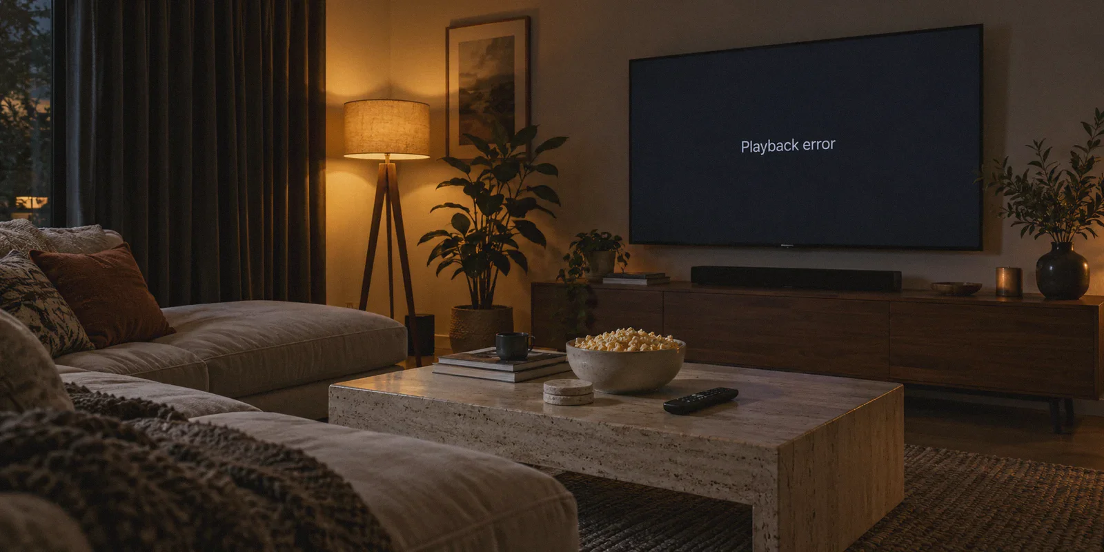 A movie-night television paused by a playback error.