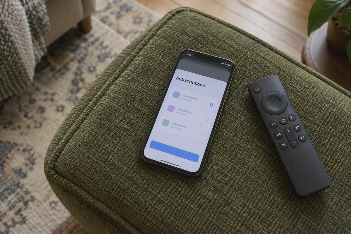 A phone displaying subscription options beside a television remote.