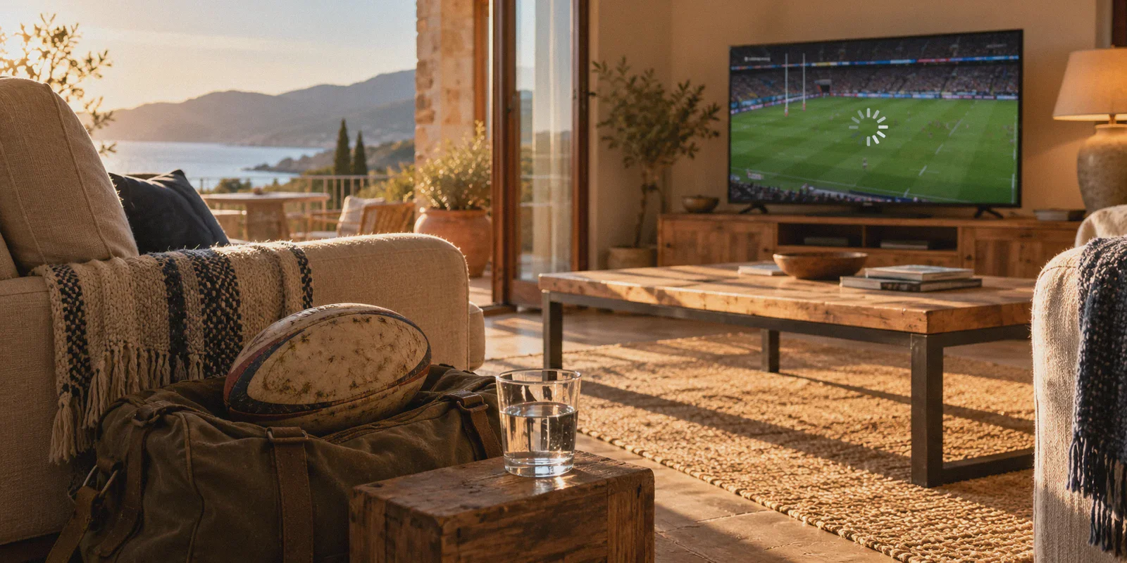 Rugby broadcast buffering in a lounge prepared for match day.