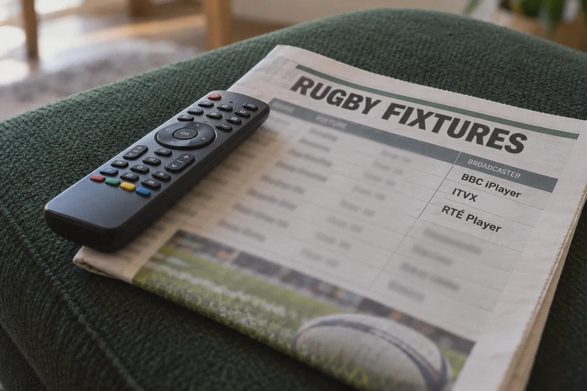 Rugby fixture sheet with public-broadcaster names and a remote.