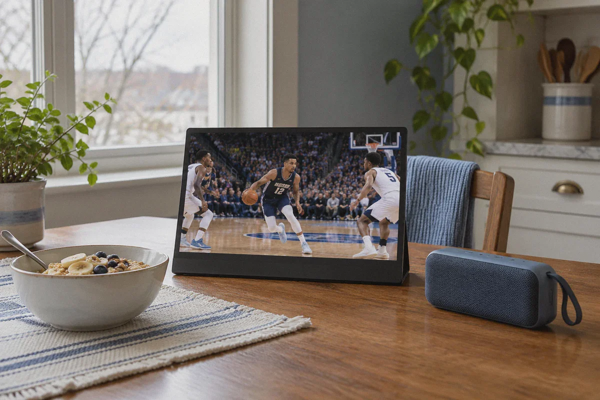Live basketball coverage on a portable screen.