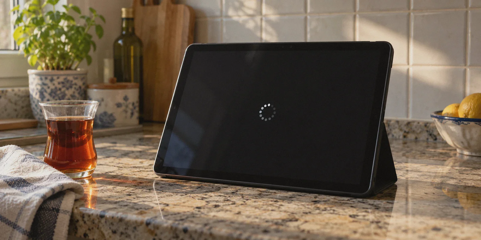 A tablet stalled on a black video player beside a cup of tea.