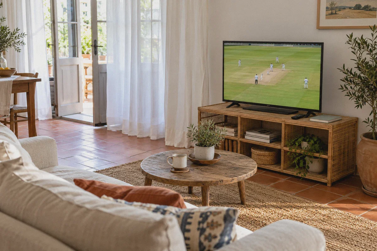Cricket playing on a television in a bright lounge.