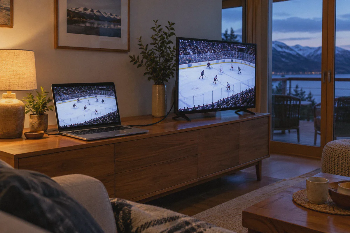 A laptop connected to a television showing an ice hockey rink.
