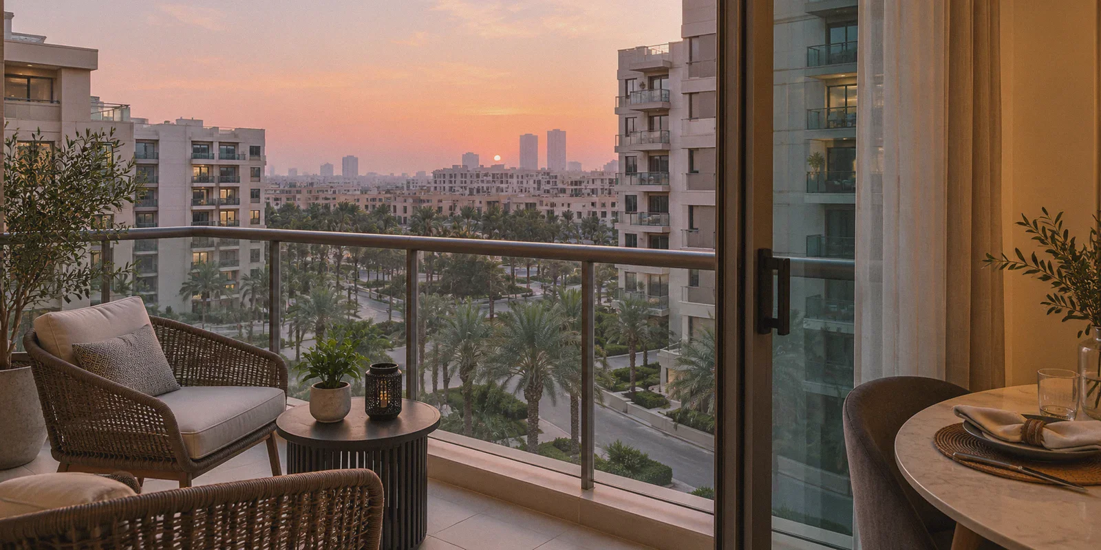 An apartment balcony overlooking a Dubai neighborhood.