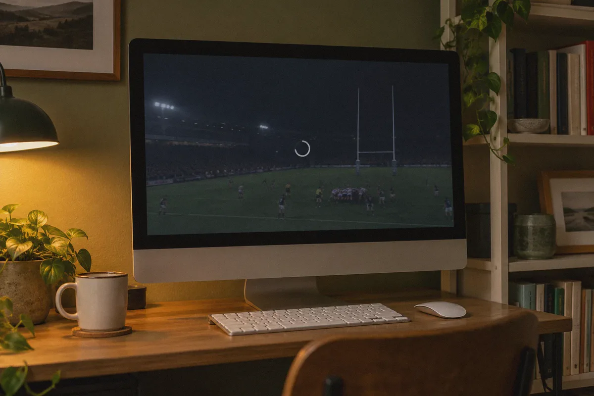 A rugby stream buffering on a desktop computer.