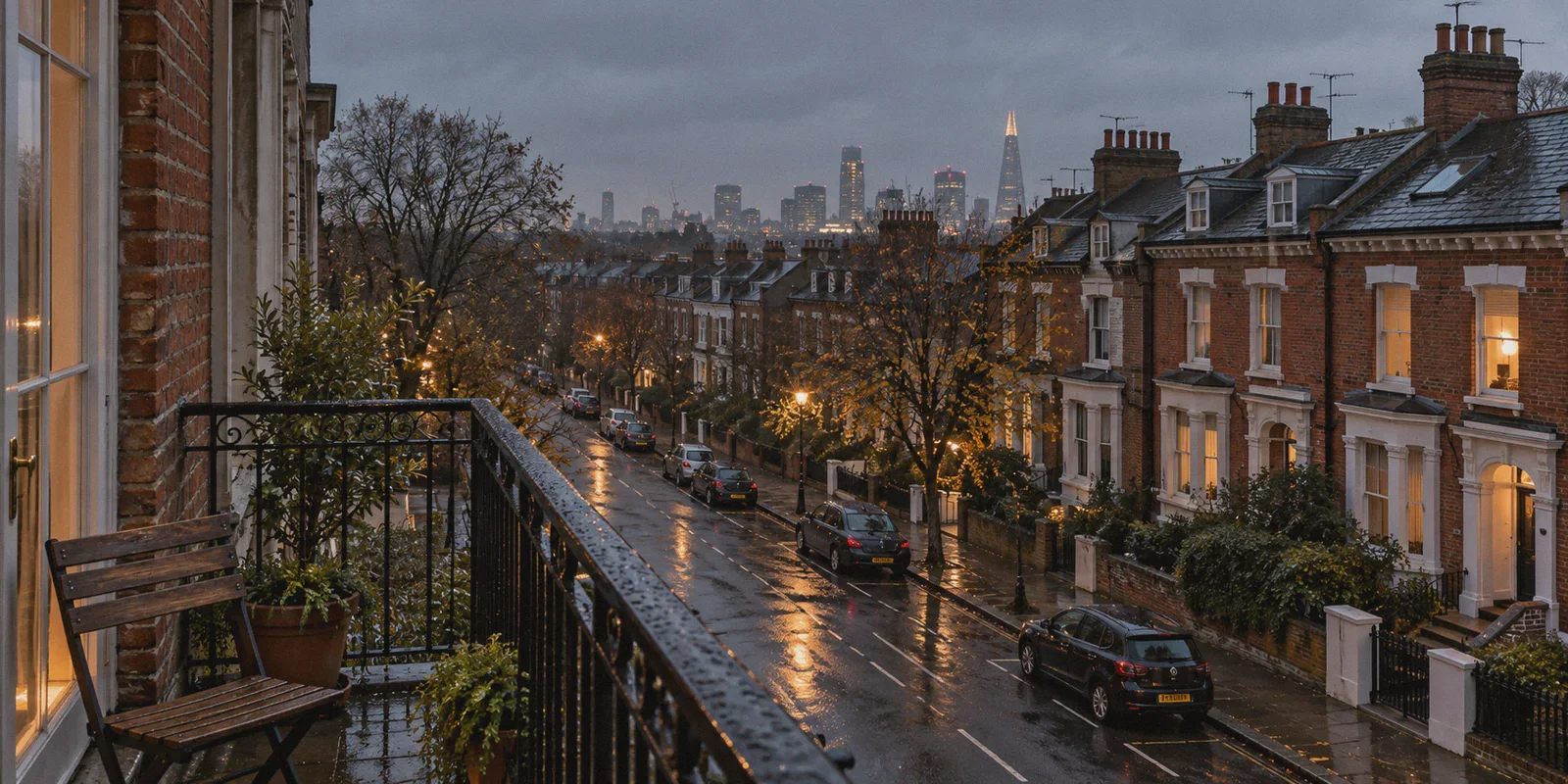 Rainy London street viewed from a temporary flat.