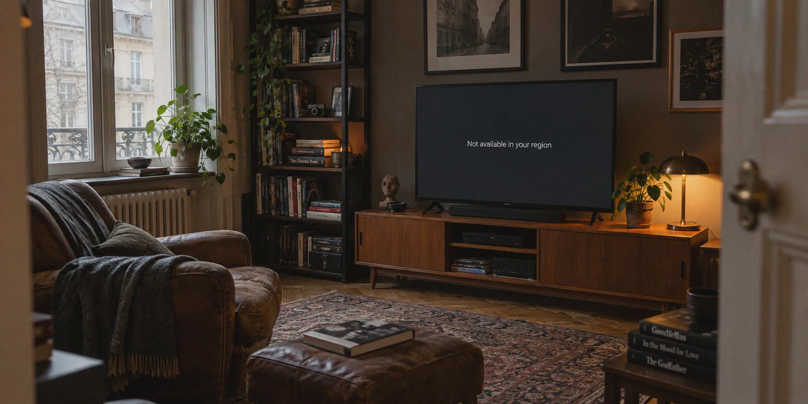 Home cinema screen displaying a regional availability message.
