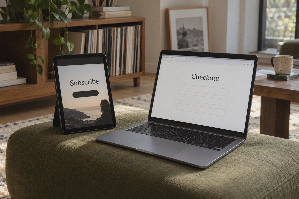Tablet and browser subscription pages in a home viewing space.