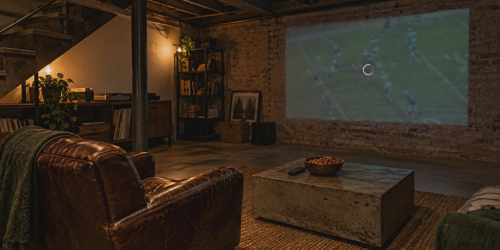 A buffering football projection in a basement viewing nook.