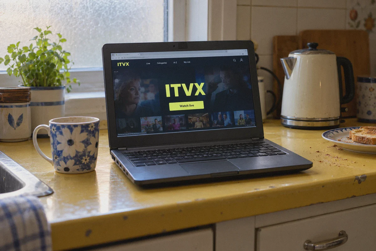 An ITVX live-viewing page on a laptop at a kitchen counter.
