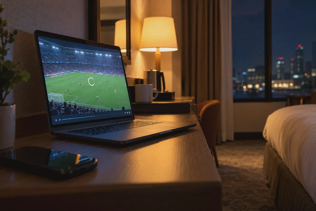 Football stream buffering on a laptop in a hotel room.