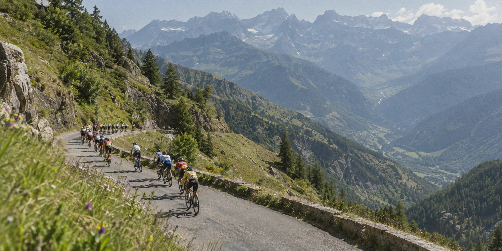 Cyclists climbing a winding road in the French Alps.