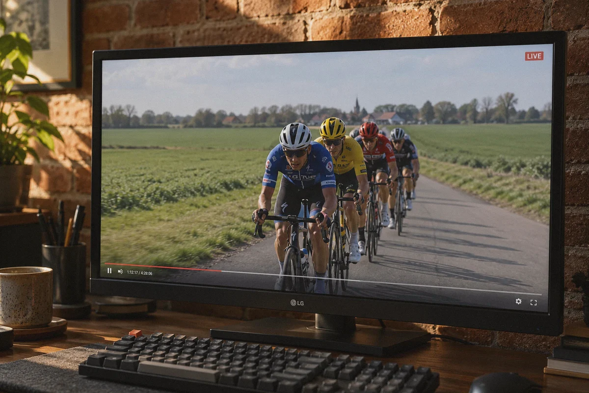 Long cycling broadcast playing on a home-office monitor.