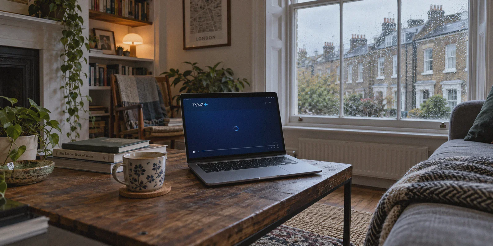 Laptop with a loading video player in a London flat