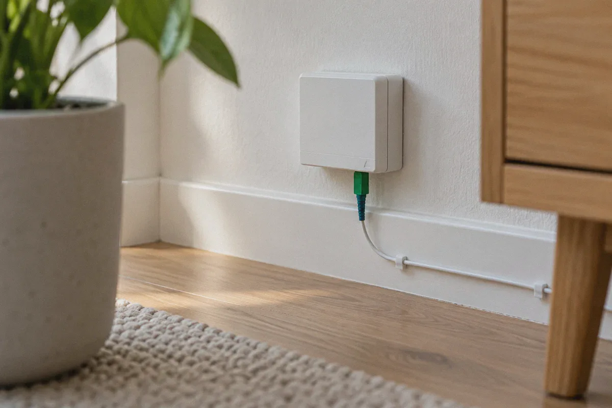 Home fibre equipment beside an apartment wall