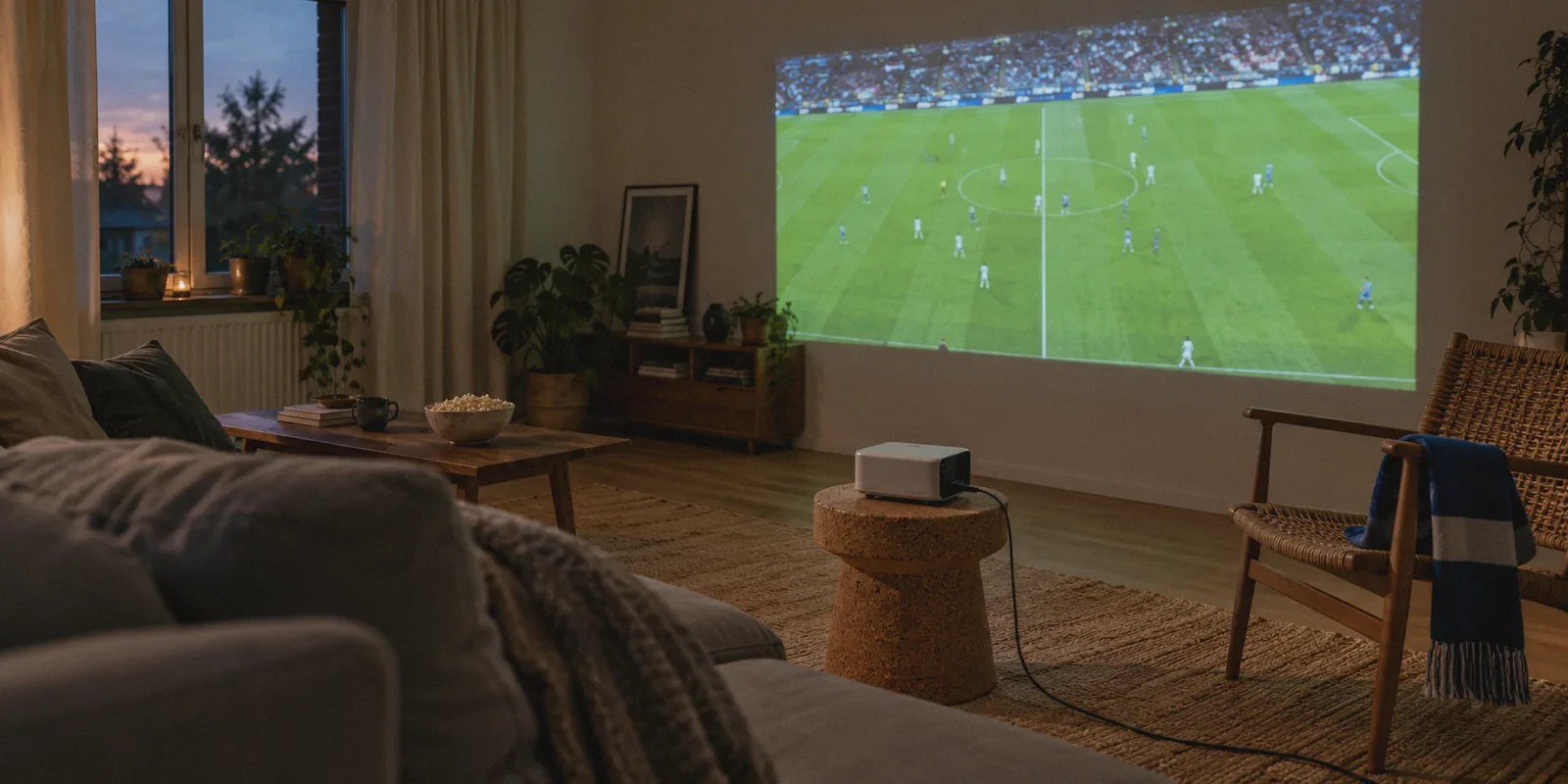 A football match is projected onto a wall for an evening at home.