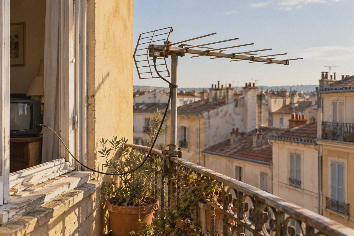 A terrestrial television aerial on an apartment balcony.