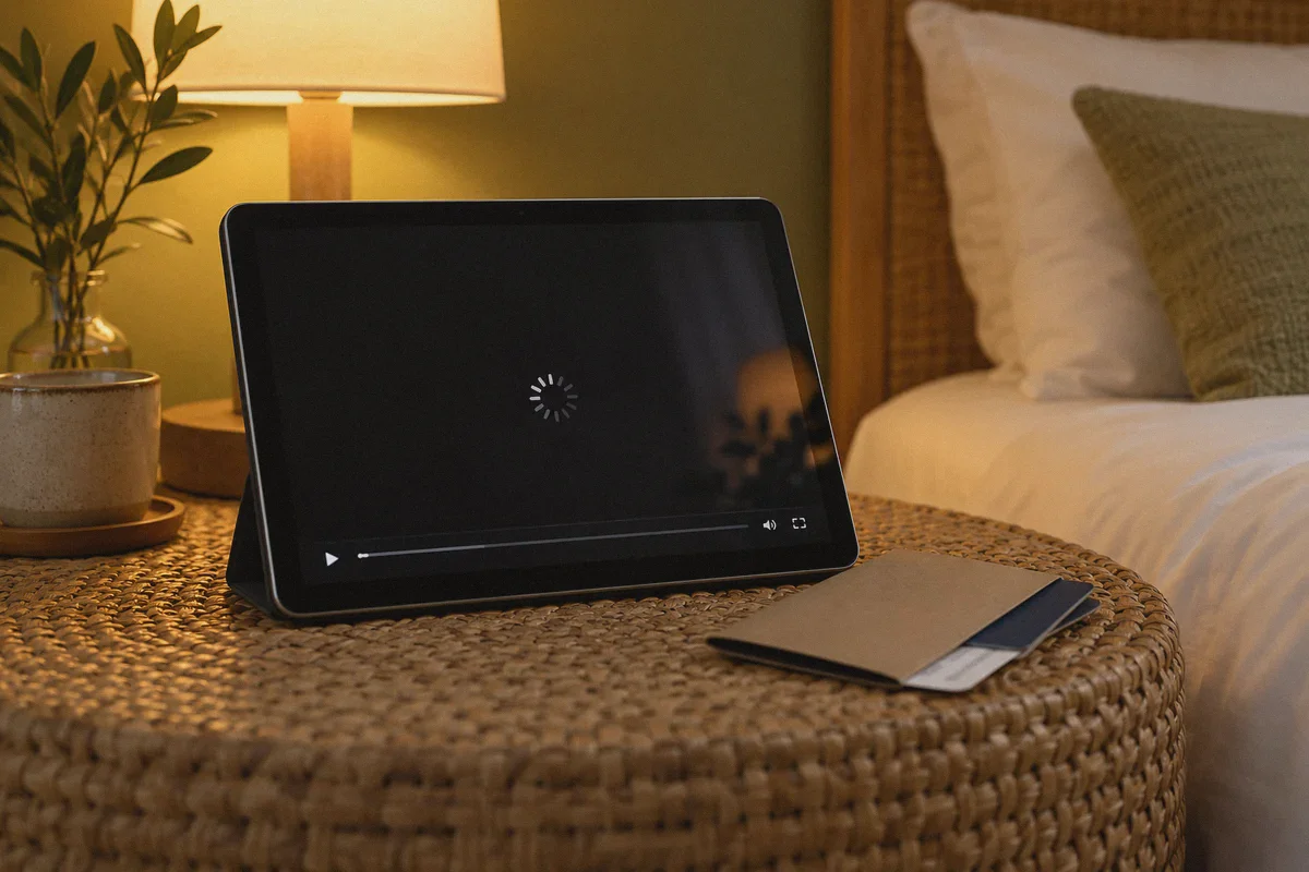 A tablet stalled at a video loading screen while traveling.