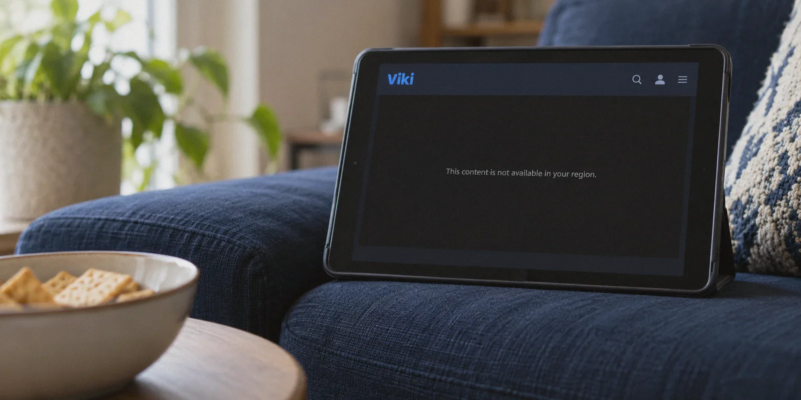 Viki regional availability notice on a tablet.
