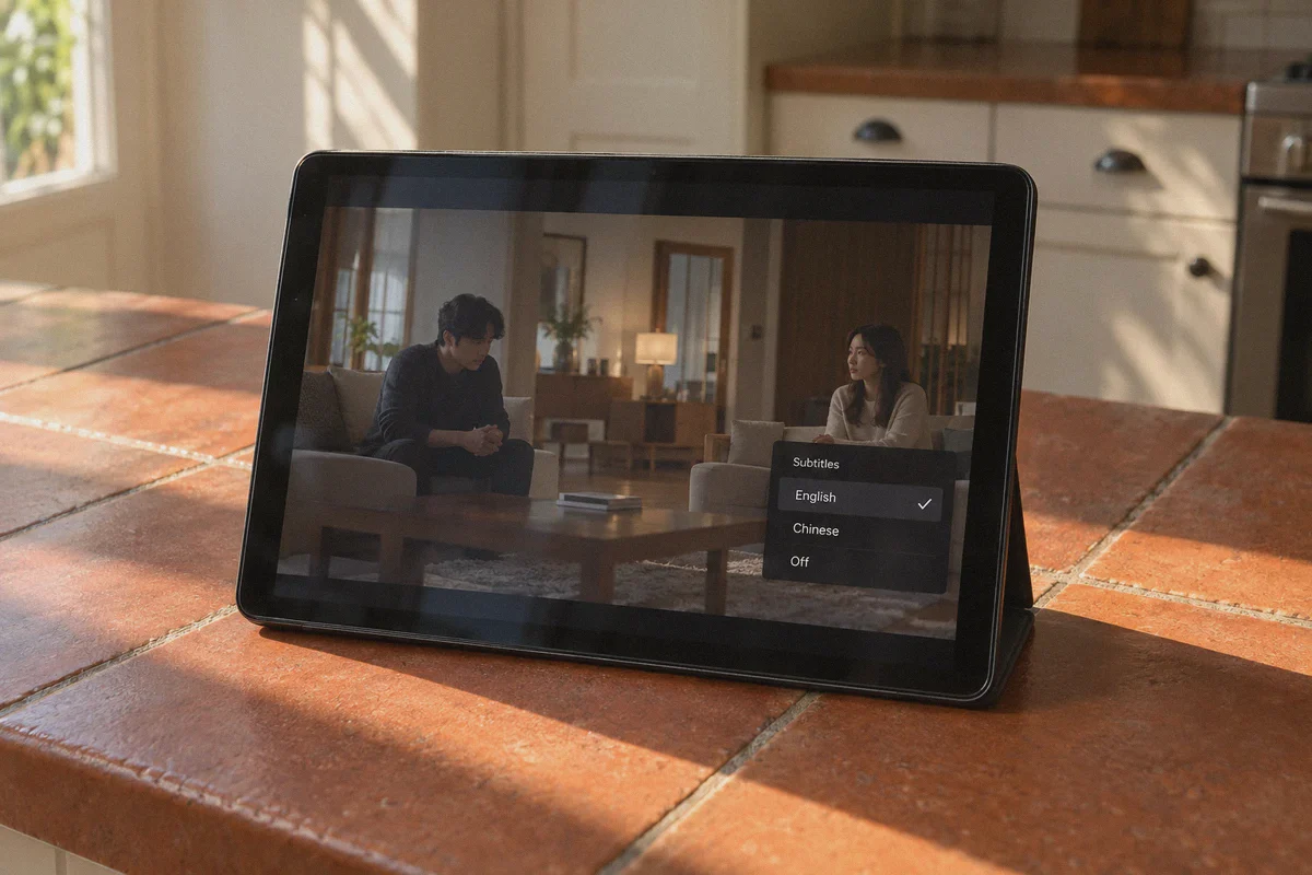 Tablet subtitle menu with English selected.