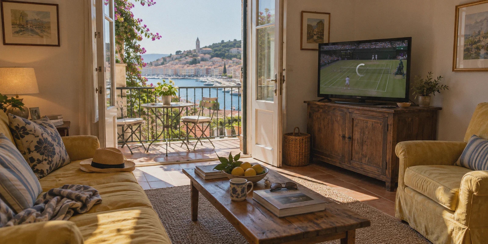 Guesthouse television with a buffering tennis stream.