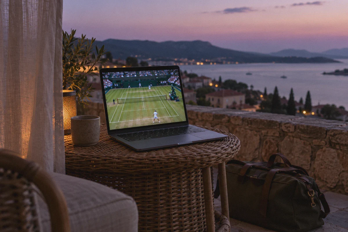 Travel laptop showing grass-court tennis.