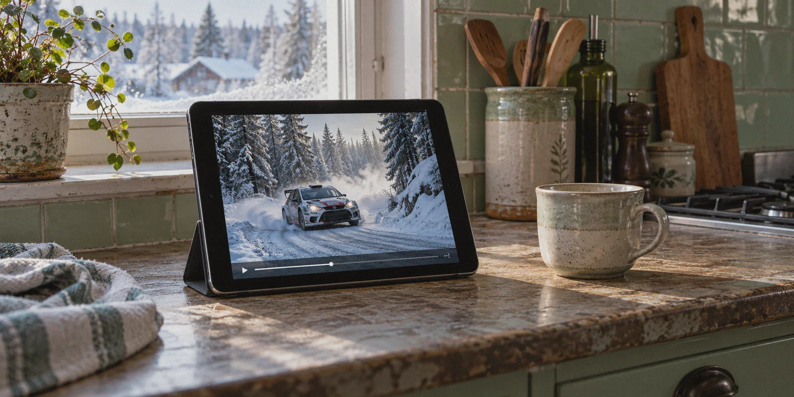 A rally stage playing on a tablet in a kitchen.