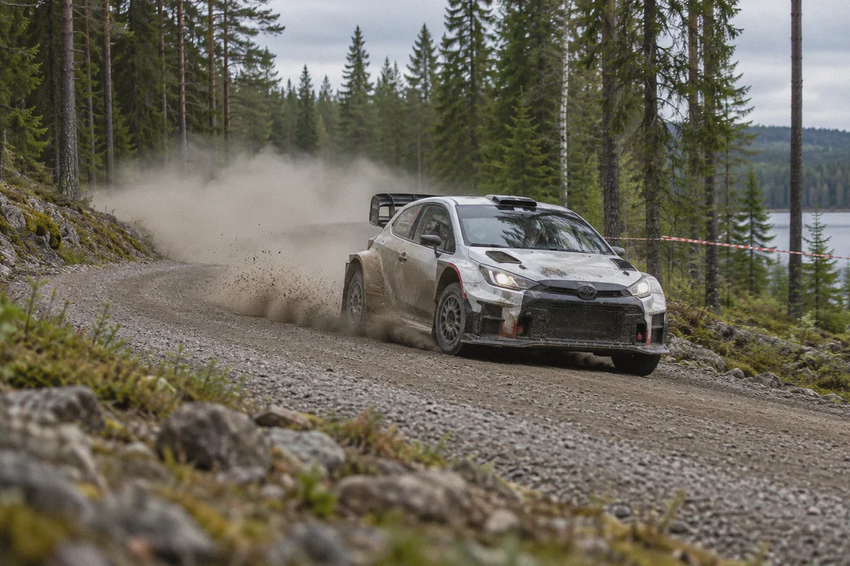 A rally car rounding a gravel bend in a forest.